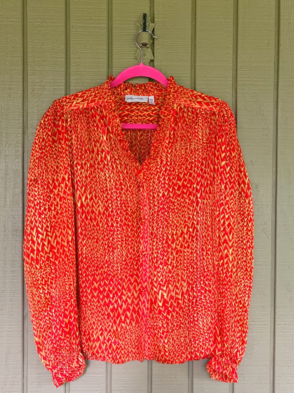 Vintage Adrianna Papell 100% Silk Blouse Red Yellow Abstract Chevron Sz 10